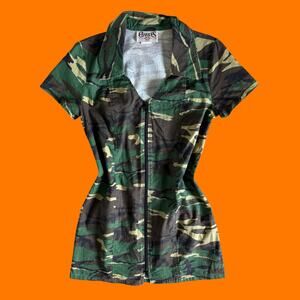 00's vintage camo collared utility y2k mini dress LARGE charades